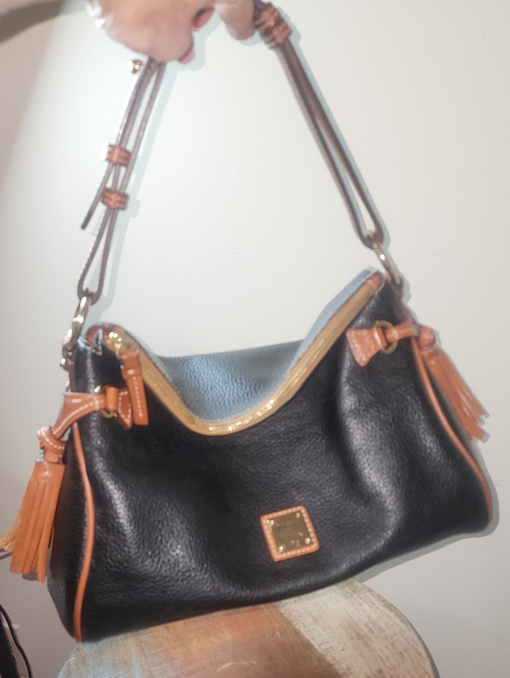 Dooney & Bourke Black Tan Pebbled Leather Flourentine Satchel Shoulder Bag - Picture 15 of 16